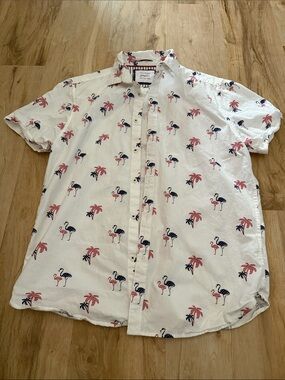 Cactus Man Red White and Blue Short-Sleeve Flamingo Button-Down Shirt, Size M